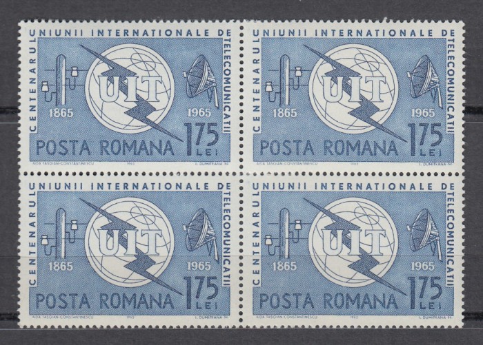 ROMANIA 1965 LP 607 CENTENARUL U. I. T. BLOC DE 4 TIMBRE MNH