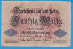 (1) BANCNOTA GERMANIA - 50 MARK 1914 (5 AUGUST 1914), TIMBRU ALBASTRU foto