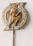 INSIGNA SPARTACHIADA TINERETULUI 1958 ATLETISM ATLETUL IN RELIEF PRINDERE CU PIN RPR (CITITI DESCRIEREA)