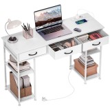 HOMCOM Birou cu depozitare cu prize de curent, 3 sertare din material textil și 4 rafturi de depozitare, 120 x 40 x 76 cm, alb | Aosom Romania