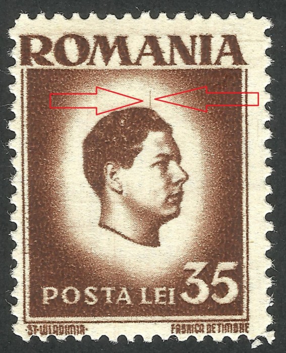 EROARE ROMANIA 1945 LP 188 REGELE MIHAI I MNH - LINIE VERTICALA IN CAPUL EFIGIEI