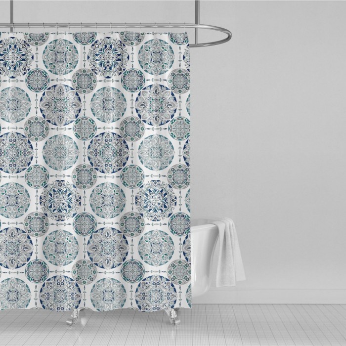 Perdea Duș Poliester, Model Vintage Cercuri, Multicolor, 180x180cm, 12 Inele Incluse
