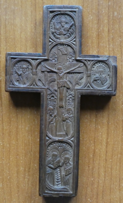Cruce religioasa din lemn de chiparos sculptata miniatural de secol 17 , Athos