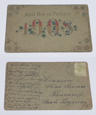 Carte Postala circulata veche anul 1908 - ANUL NOU CU FERICIRE - Superba !! foto
