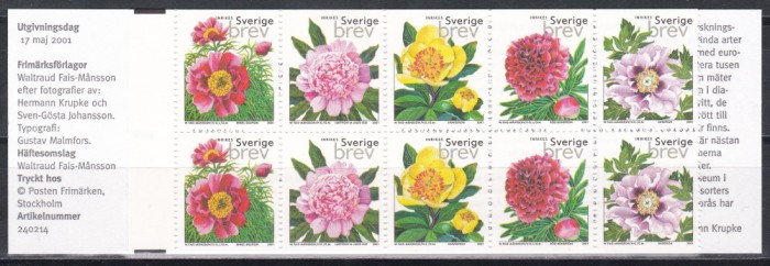 Suedia 2001 - Flori - Bujor Trandafiri, Carnet, Cota 18.50 EURO