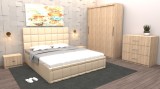 Dormitor Regal cu Pat Tapitat Crem imitatie piele cu dulap usi glisante Sonoma fara oglinda si cu comoda Tv