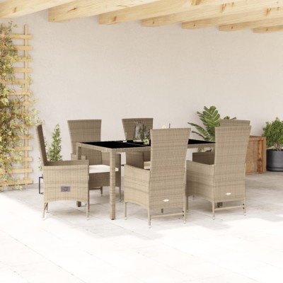 vidaXL Set de masă pentru grădină, 7 piese, cu perne, bej, poliratan 3277574 foto