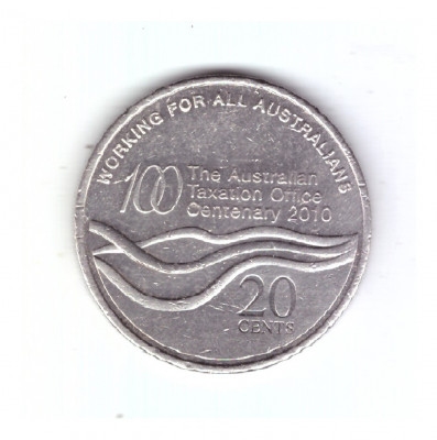 Moneda Australia 20 cents/centi 2010 comemorativa Centenary of the Taxation Offi foto
