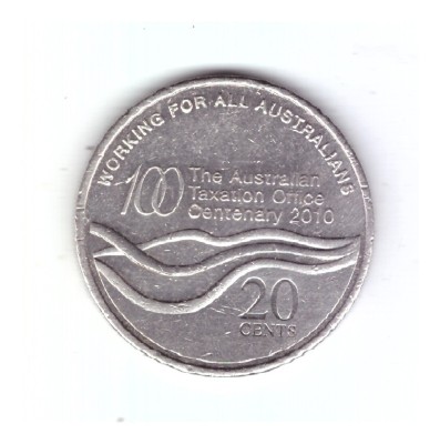 Moneda Australia 20 cents/centi 2010 comemorativa Centenary of the Taxation Offi foto