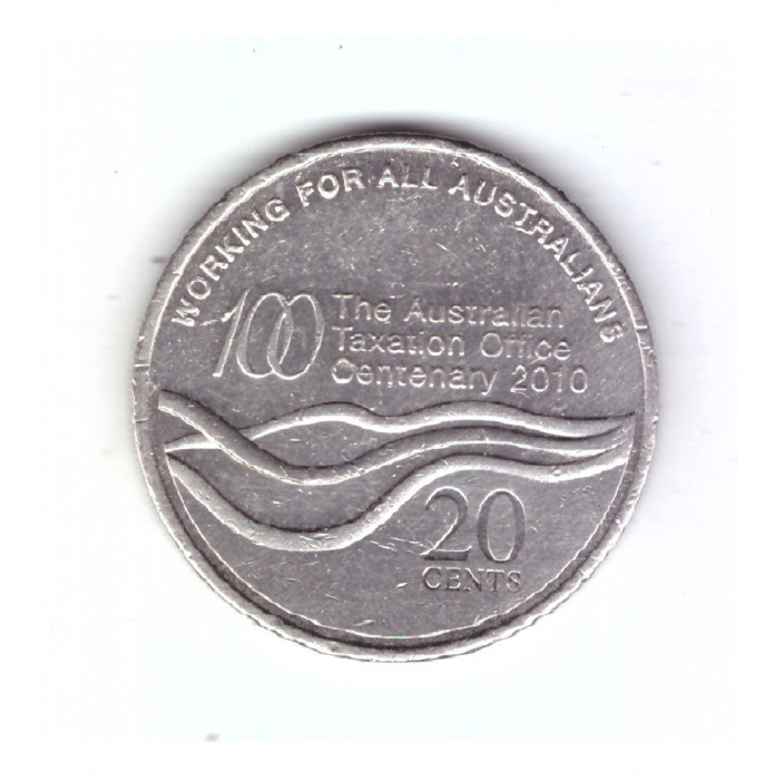 Moneda Australia 20 cents/centi 2010 comemorativa Centenary of the Taxation Office