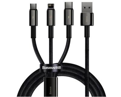 CABLU alimentare si date Baseus Tungsten Gold One-for-three, Fast Charging Data Cable pt.smartphone,USB la Micro-USB+Lightning+USB Type-C 3.5A,braided foto
