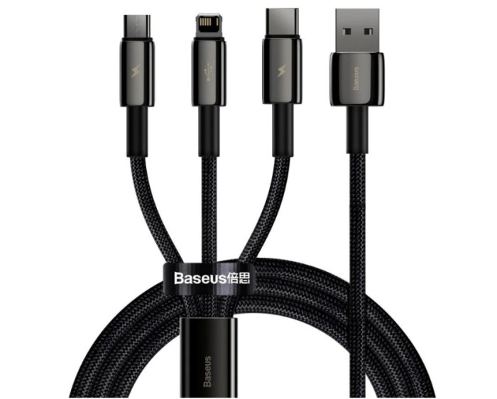 CABLU alimentare si date Baseus Tungsten Gold One-for-three, Fast Charging Data Cable pt.smartphone,USB la Micro-USB+Lightning+USB Type-C 3.5A,braided