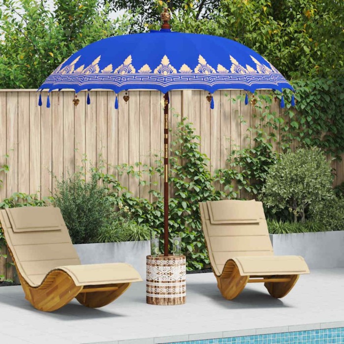 vidaXL Parasol Balinez 260 albastru 210-220 cm Bumbac și lemn masiv 3356895