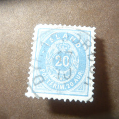 Timbru Islanda 1882 ,20 aur albastru , stampilat