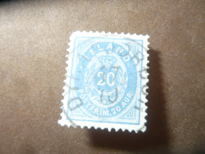 Timbru Islanda 1882 ,20 aur albastru , stampilat