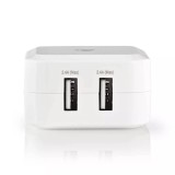 Incarcator USB Dublu 4.8A, 2 Porturi, Alb, Nedis, Alimentator Priza 220V, Iesire 2.4A per Port, Universal 110-240V