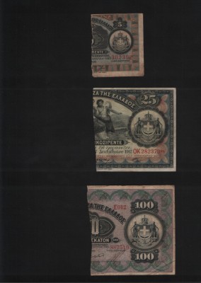 Rar! Grecia Set 5 + 25 + 100 drahme jumatati 1910-17 foto