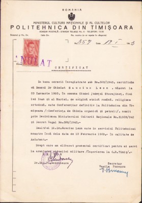 HST A524 Certificat conferențiar universitar Leon Sauciuc 1943 Poli Timișoara foto