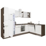 Mobilă de bucătărie de colț Yorki 310, corp din stejar Yorki, față alb satinat, element cuptor inferior, frigider congelator superior