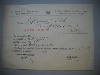 HOPCT DOCUMENT VECHI 371 MINISTERUL INDUSTRIEI COMERT EXTERIOR /BUCURESTI 1936 foto