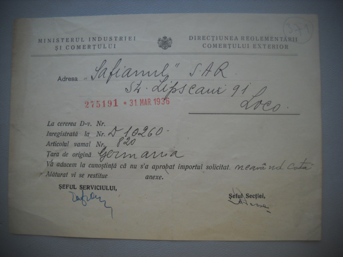 HOPCT DOCUMENT VECHI 371 MINISTERUL INDUSTRIEI COMERT EXTERIOR /BUCURESTI 1936