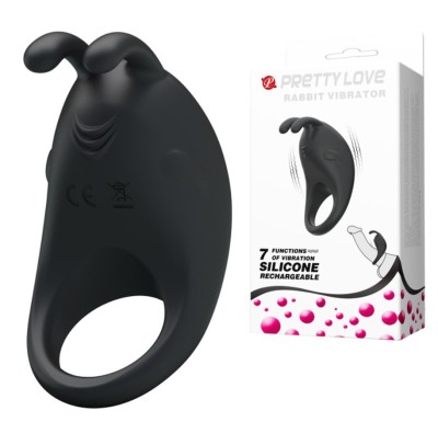 Inel Penis Pretty Love Rabbit, 7 Moduri Vibratii, Silicon, USB, Negru foto