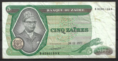 Republica Zair - 5 zaires - 1977 (B0164) - starea care se vede foto