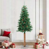 Pom Crăciun artificial subțire lemn și conuri verde 210 cm PVC