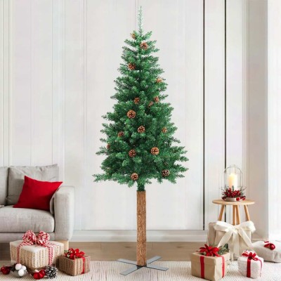 Pom Crăciun artificial subțire lemn și conuri verde 210 cm PVC foto