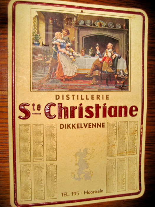 C33-Reclama Calendar veche Distileria Sf. Cristian scena amoroasa de han carton