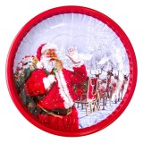 Farfurie Decorativă Crăciun, Metalică, Rotundă, Margine Valuroasă, Culoare Roșu, Model Moș Crăciun și Sanie, 26cm, Oem