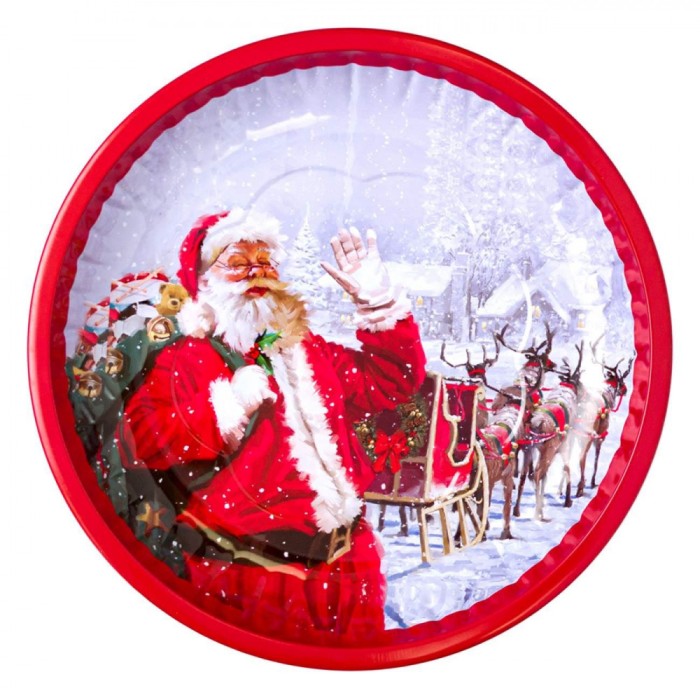 Farfurie Decorativă Crăciun, Metalică, Rotundă, Margine Valuroasă, Culoare Roșu, Model Moș Crăciun și Sanie, 26cm