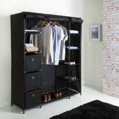 Dulap xxl pentru haine din material textil si schelet metalic, 12 rafturi (11 + 1 spatiu pentru umerase haine), culoare neagra