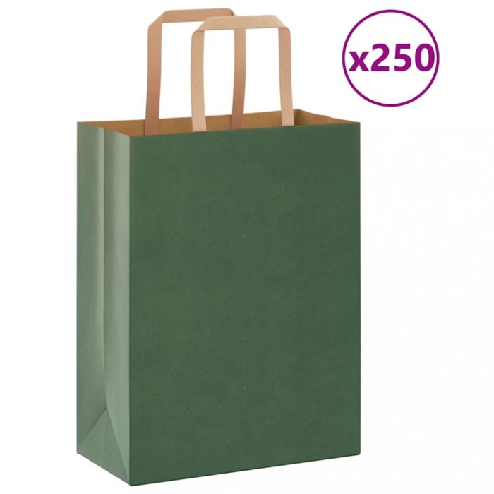 vidaXL Pungi de h&acirc;rtie 250 buc cu m&acirc;nere verde 21x11x28 cm