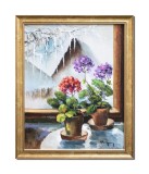 Cumpara ieftin Tablou cu hortensie pictat manual inramat, Beatitudine, 55x45cm ulei pe panza, rama din lemn, Geo Ungureanu