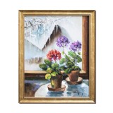 Tablou cu hortensie pictat manual inramat, Beatitudine, 55x45cm ulei pe panza, rama din lemn, Geo Ungureanu