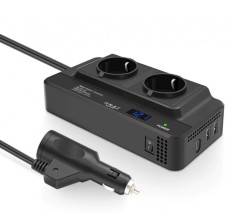 Invertor de Tensiune de la Priza Auto iSEN 8300-2, 12V la Priza EU Dubla 230V, Putere 200W, 2 x Porturi USB, 5.4A, Suport PD, Afisaj Digital
