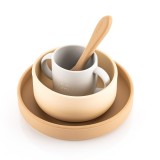 Cumpara ieftin Set vesela din silicon pentru bebe, 4 piese, fara BPA, bej, Reer