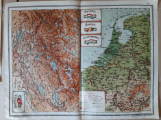 Harta veche Elvetia, Belgia, Olanda, Luxemburg (plansa atlas C Teodorescu, 1924) foto