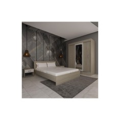 Dormitor Bianka, 4 Piese, Pat 160 x 200, 2Noptiere, Dulap cu usi glisante, Culoare Stejar Sonoma/Alb