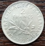 (A1037) MONEDA DIN ARGINT FRANTA - 2 FRANCS 1916, SEMANATOAREA