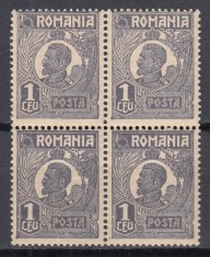 ROMANIA 1919/1922 LP 72 REGELE FERDINAND VALOAREA 1 LEU VIOLET- NEGRICIOS TIP I DANTELURA K BLOC 4 TIMBRE STARE MNH