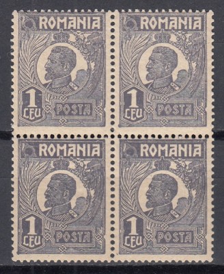 ROMANIA 1919/1922 LP 72 REGELE FERDINAND VALOAREA 1 LEU VIOLET- NEGRICIOS TIP I DANTELURA K BLOC 4 TIMBRE STARE MNH foto