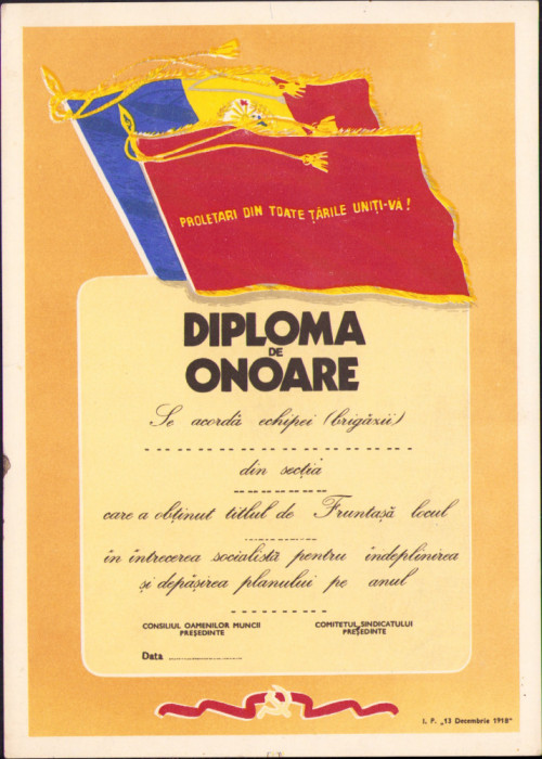 HST A434 Diplomă de onoare echipă/brigadă fruntașă Rom&acirc;nia comunistă