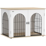 PawHut Cușcă pentru C&acirc;ine Mobilier Cușcă pentru C&acirc;ine de Interior Arc cu Ușă Dublă ca Masă Auxiliară din Metal 80x56x59cm Alb | Aosom Romania