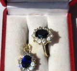 Bijuterii, set inel si pandantiv aur galben 14K cu safire naturale si diamante