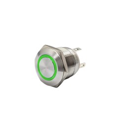 Buton push iluminat fara mentinere, 20A 12, 24V DC, 19mm, IP67, metalic, inel LED verde, 4 pini, FLM19-FJ-6-EX000-S11M4-GREEN