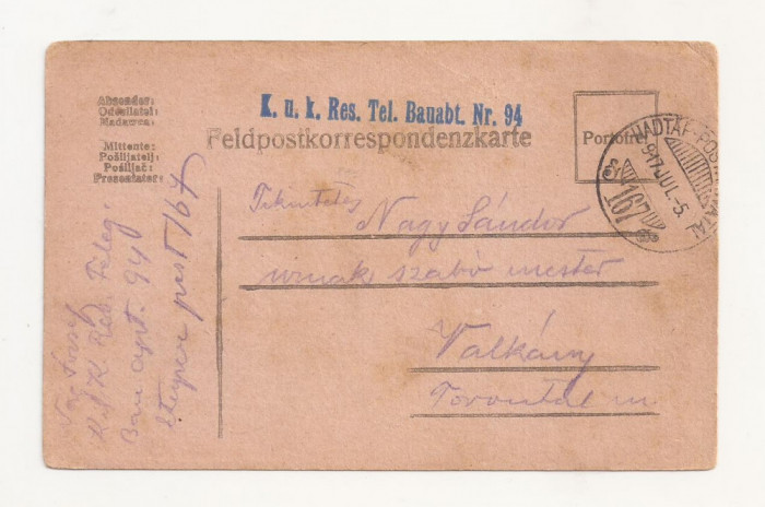 D4 Carte Postala Militara k.u.k. Imperiul Austro-Ungar ,1917 Torontal Valkany