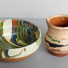 Set castron + ulcea din ceramica pictata, olarit zona Odorhei vechime 60 ani