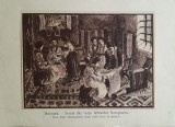 Litografie interbelică 3 lipită pe carton / M. Olinescu / BOTOSANI Scenă femei